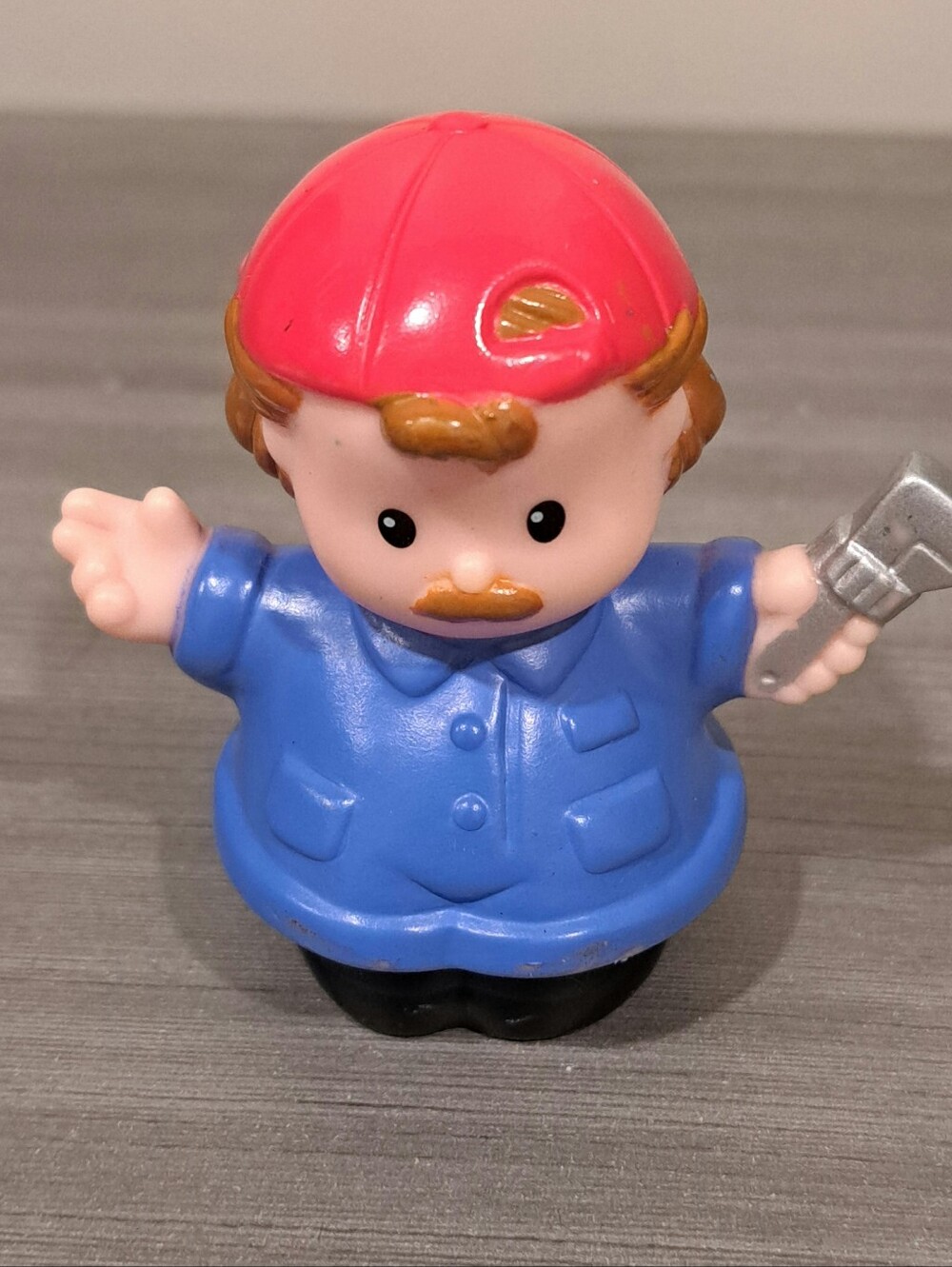 Little People Mechanic Red Hat Blue Jumpsuit Holding Silver Wrench Fisher Price